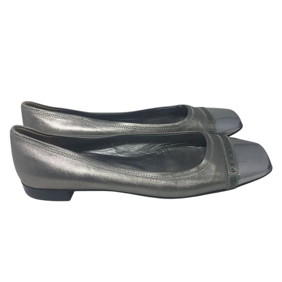 Prada Square Toe Ballet Flats Leather Silver Metallic Women's Size 38.5 US 8 - Picture 1 of 15